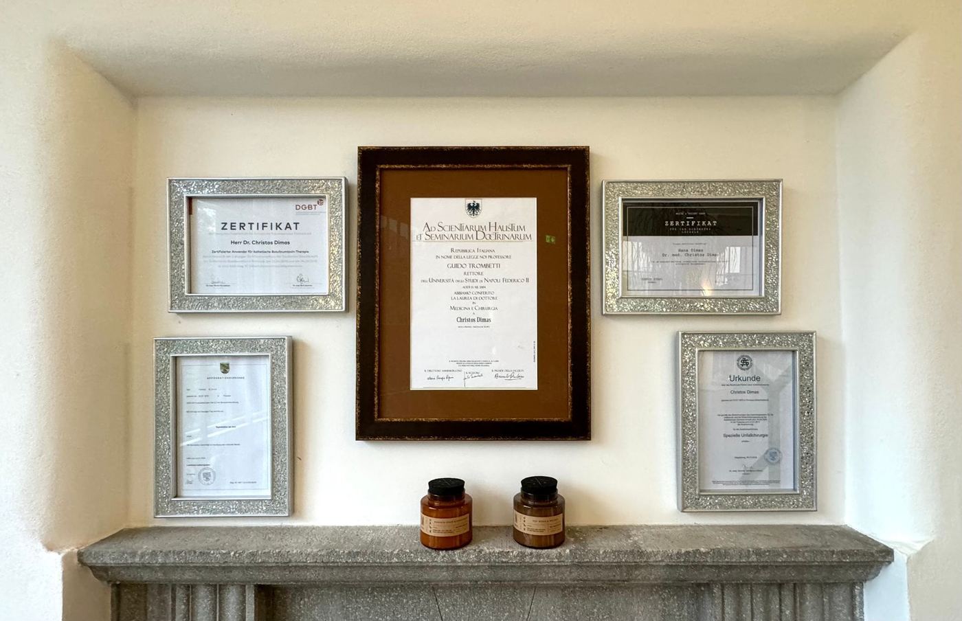 Diplomas and certificates at the practice